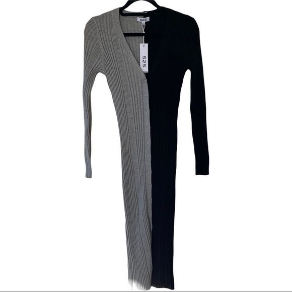 NWT 525 AMERICA WOMEN'S CONTRAST BUTTON UP RIBBED MAXI SWEATER DRESS BLACK/GREY - Picture 2 of 10